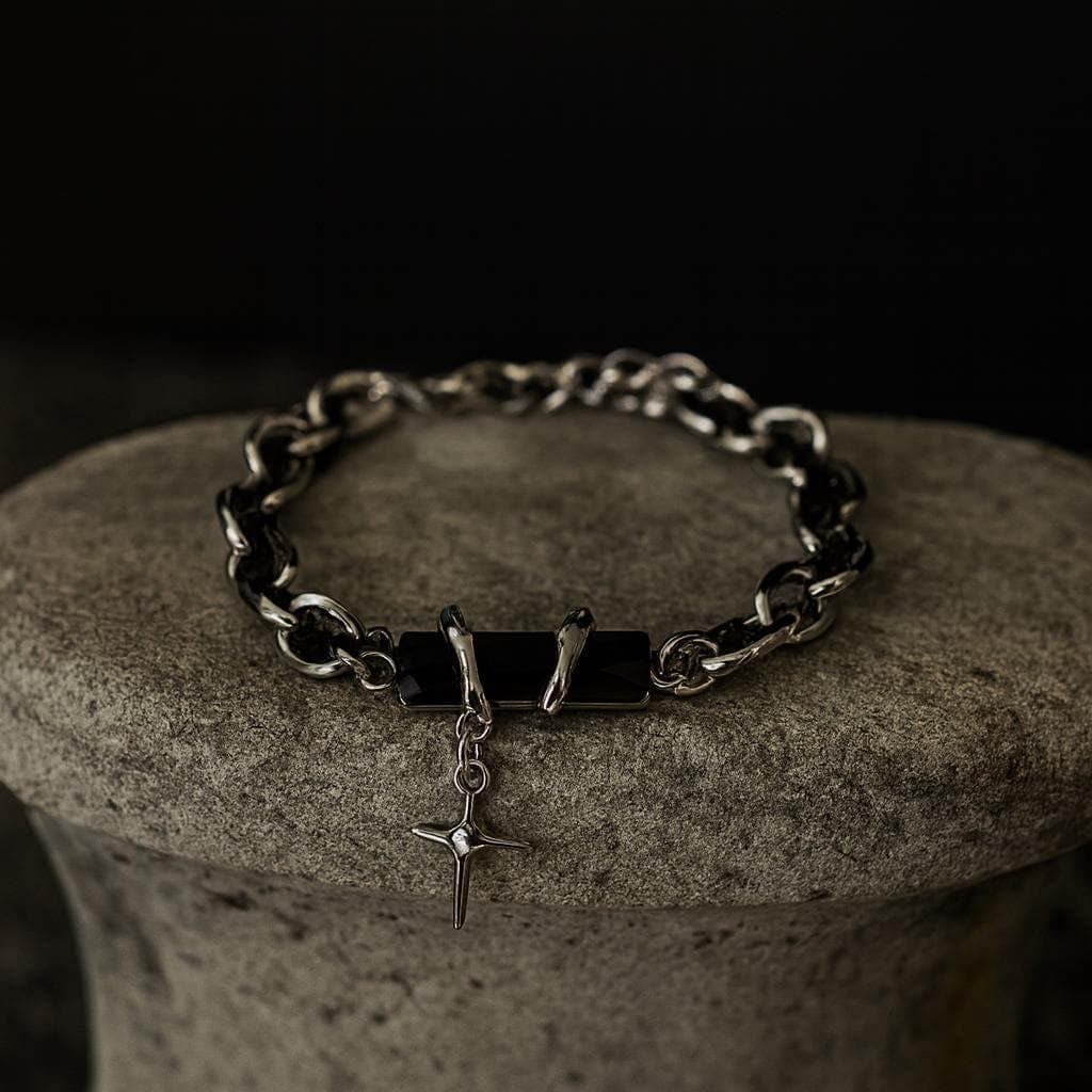 Y2K Black Stone Chain Bracelet – Futuristic Silver Punk Charm Jewelry
