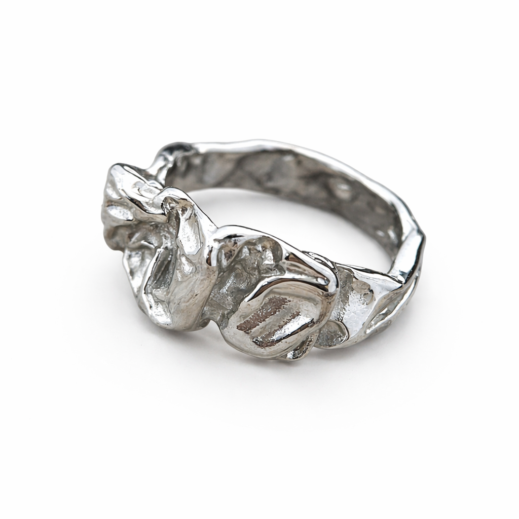 Molten Flow Stainless Steel Ring – Abstract Melted Metal Design