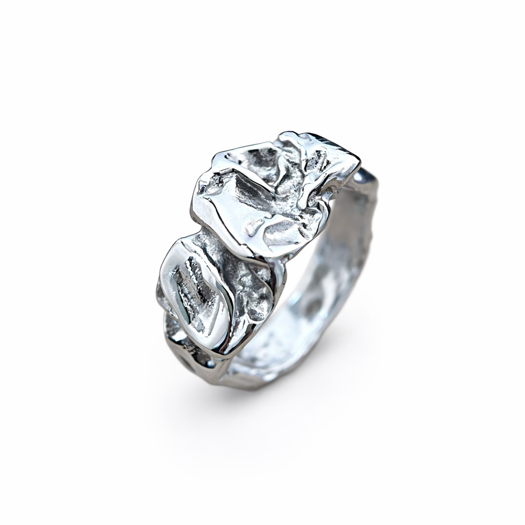 Molten Flow Stainless Steel Ring – Abstract Melted Metal Design