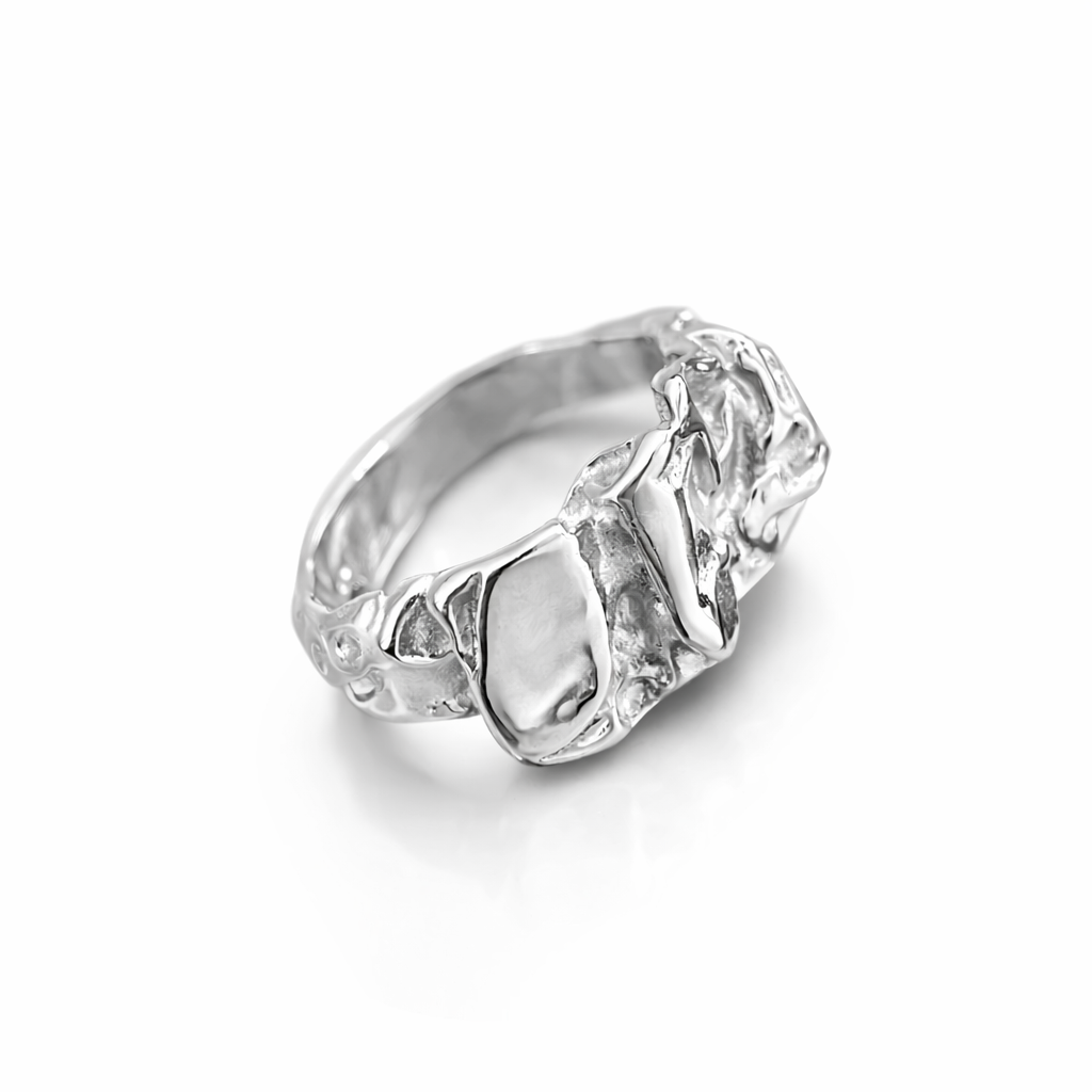 Molten Flow Stainless Steel Ring – Abstract Melted Metal Design