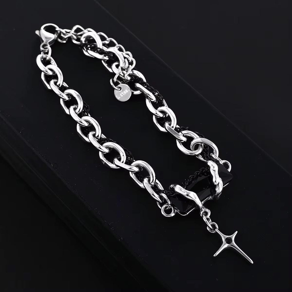 Y2K Black Stone Chain Bracelet – Futuristic Silver Punk Charm Jewelry