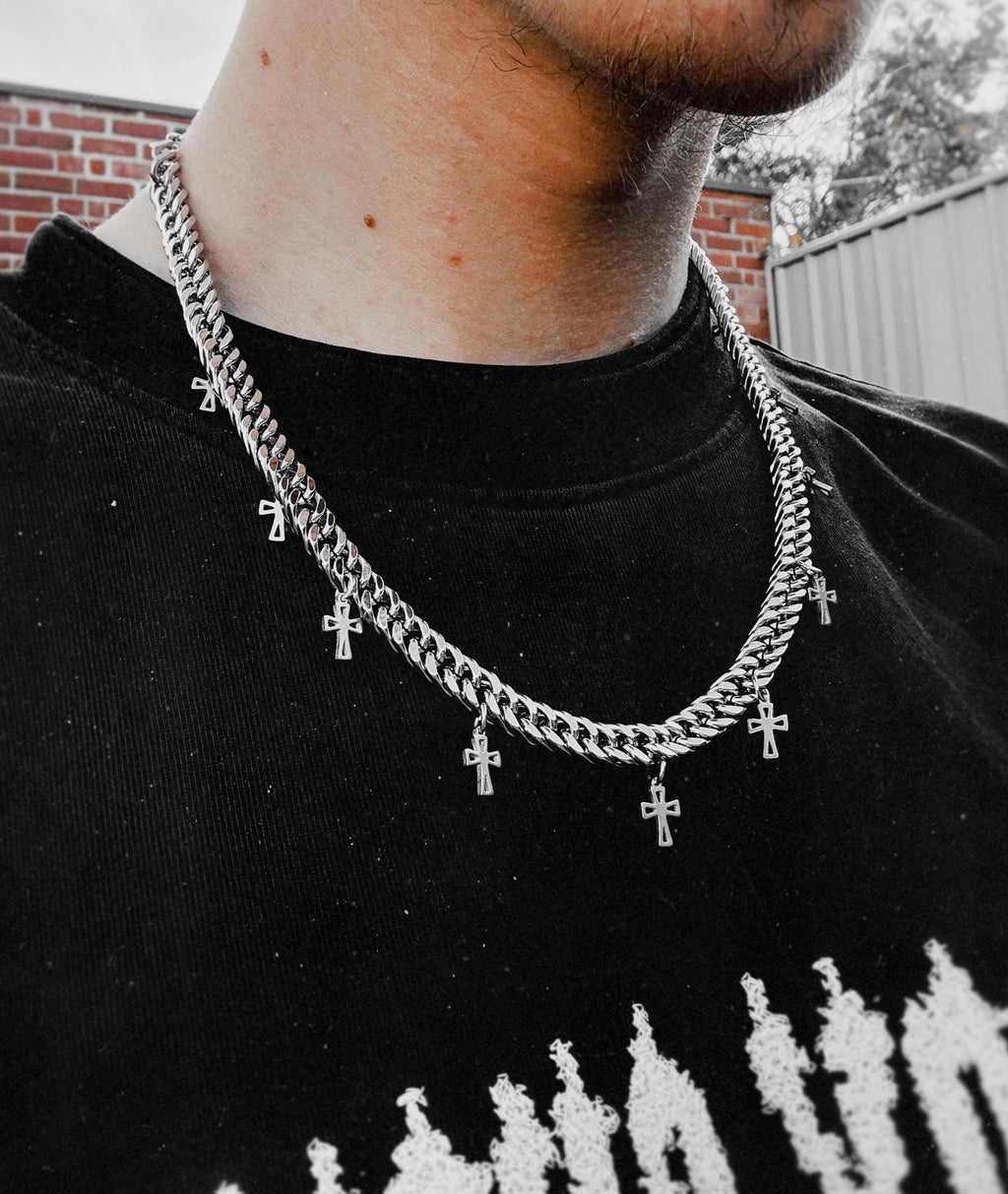 Y2K Cross Chain Necklace – Silver Cuban Link Grunge Statement Jewelry
