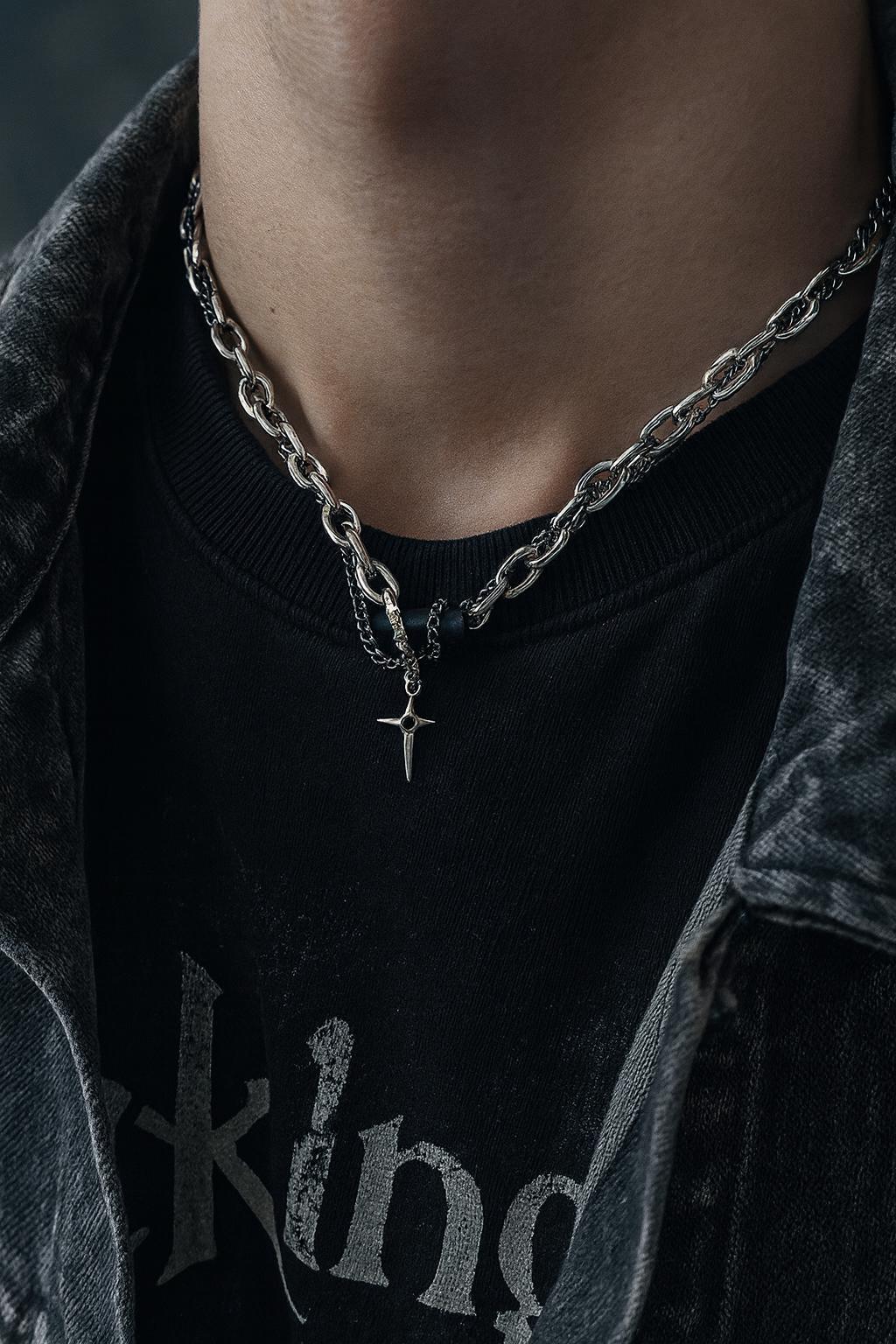 Men’s Silver Cross Pendant Chain Necklace – Stainless Steel Heavy Link Choker for Streetwear, Gothic & Biker Style