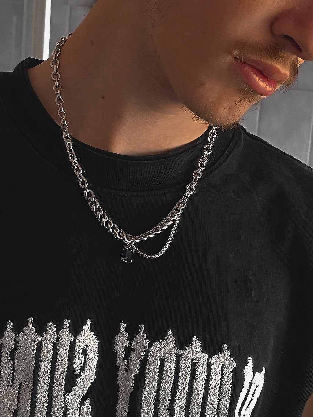 Layered Stainless Steel Chain Necklace with Black Pendant