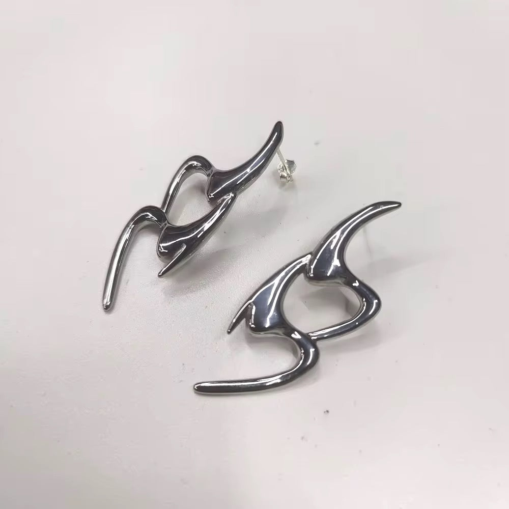 Y2K Silver Flame Earrings | Gothic Chrome Spike Jewelry | Cyberpunk Statement Earrings