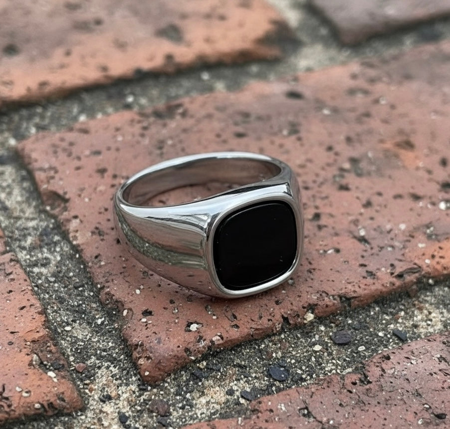 Black Signet Ring – Stainless Steel Square Stone Ring