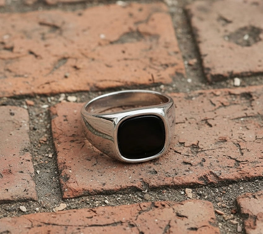 Black Signet Ring – Stainless Steel Square Stone Ring