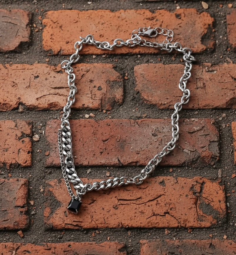 Black Onyx Double Chain Necklace – Gothic Layered Pendant