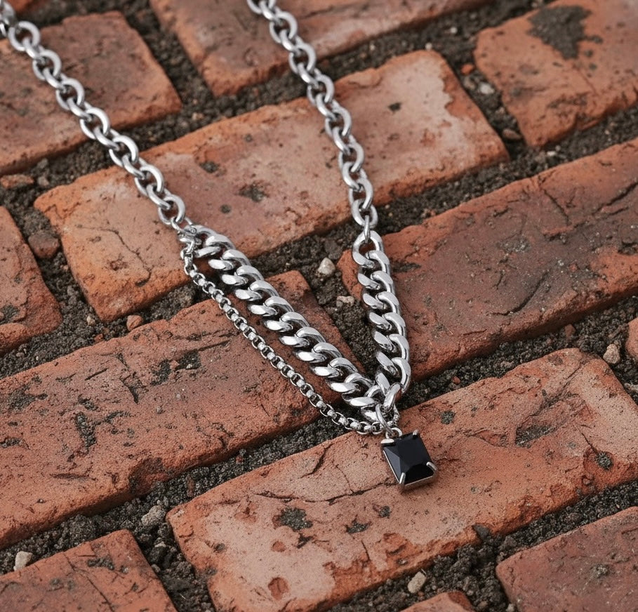 Black Onyx Double Chain Necklace – Gothic Layered Pendant