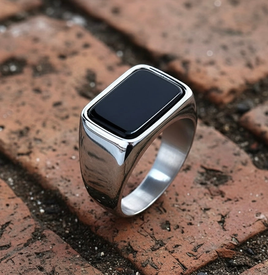 Black Onyx Stainless Steel Signet Ring – Minimalist Gothic Style