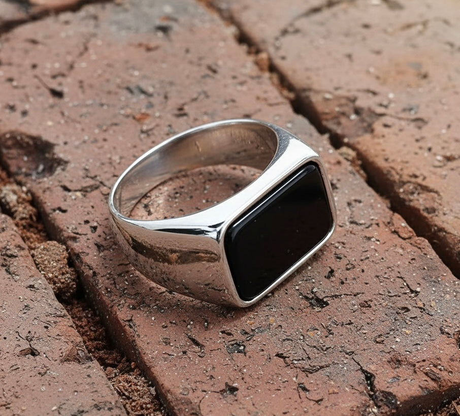 Black Onyx Stainless Steel Signet Ring – Minimalist Gothic Style
