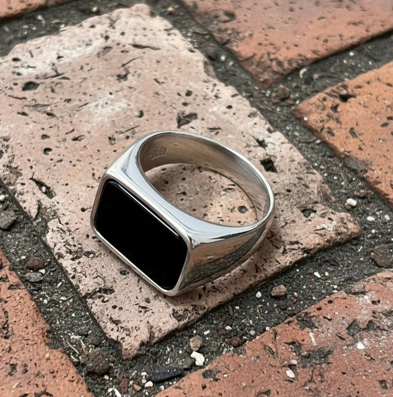 Black Onyx Stainless Steel Signet Ring – Minimalist Gothic Style