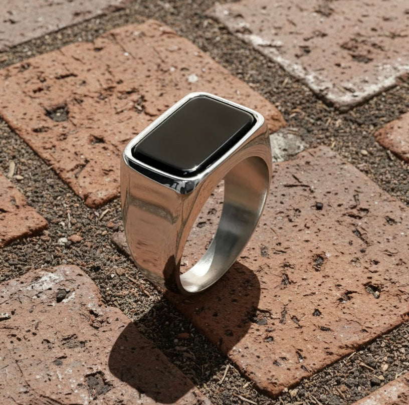 Black Onyx Stainless Steel Signet Ring – Minimalist Gothic Style