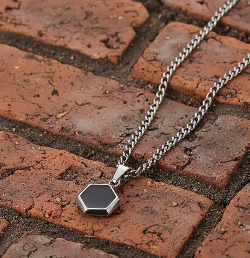 Black Onyx Hex Pendant Necklace – Gothic Stainless Steel Chain