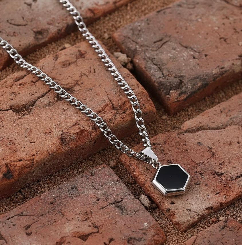 Black Onyx Hex Pendant Necklace – Gothic Stainless Steel Chain
