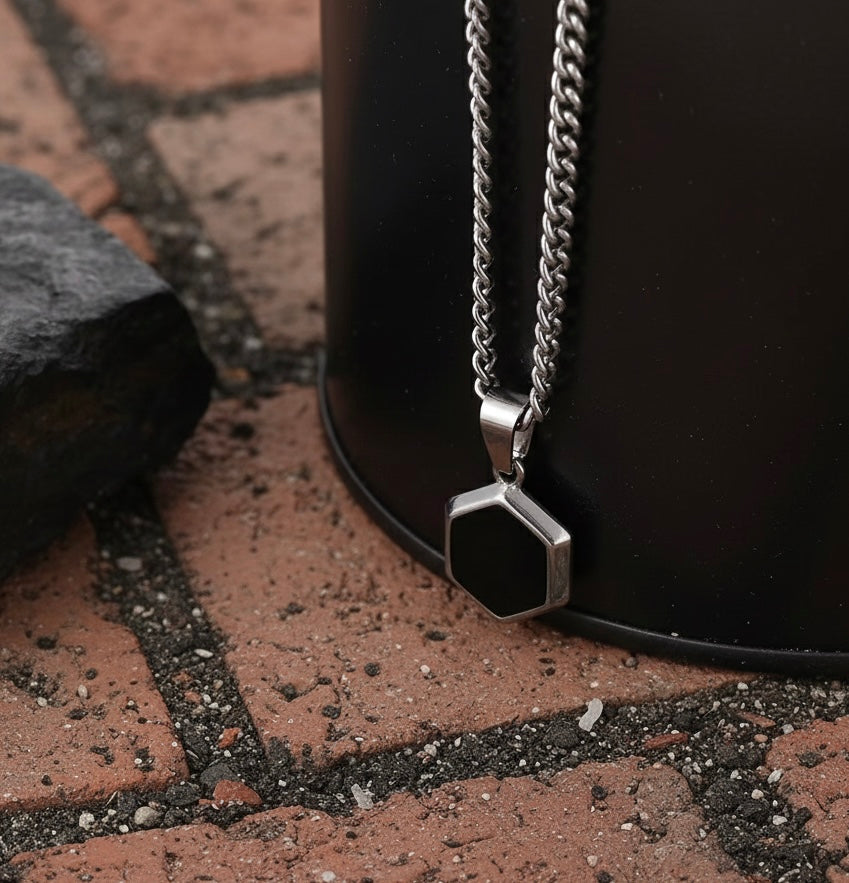 Black Onyx Hex Pendant Necklace – Gothic Stainless Steel Chain