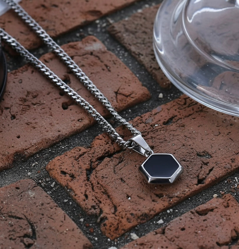 Black Onyx Hex Pendant Necklace – Gothic Stainless Steel Chain