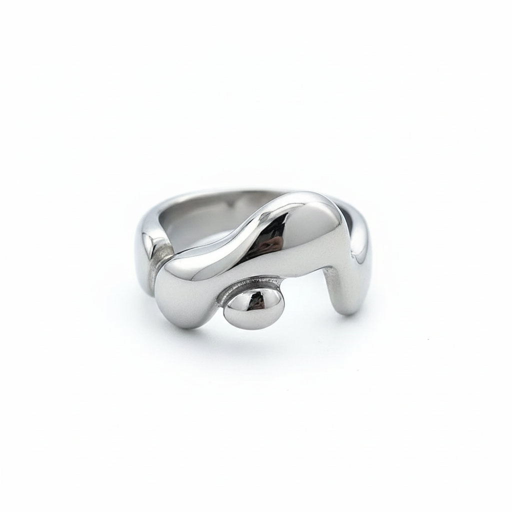 Liquid Drop Stainless Steel Ring – Abstract Melted Metal Design