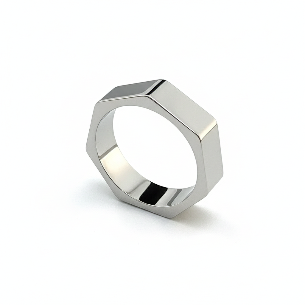 Industrial Hexagon Stainless Steel Ring – Minimalist Signet Style