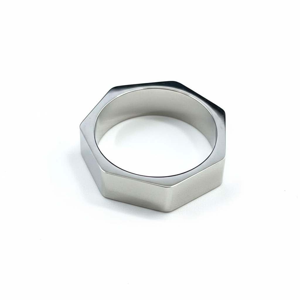 Industrial Hexagon Stainless Steel Ring – Minimalist Signet Style